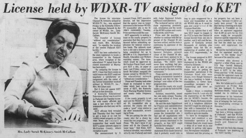 License held by WDXR-TV assigned to KET
