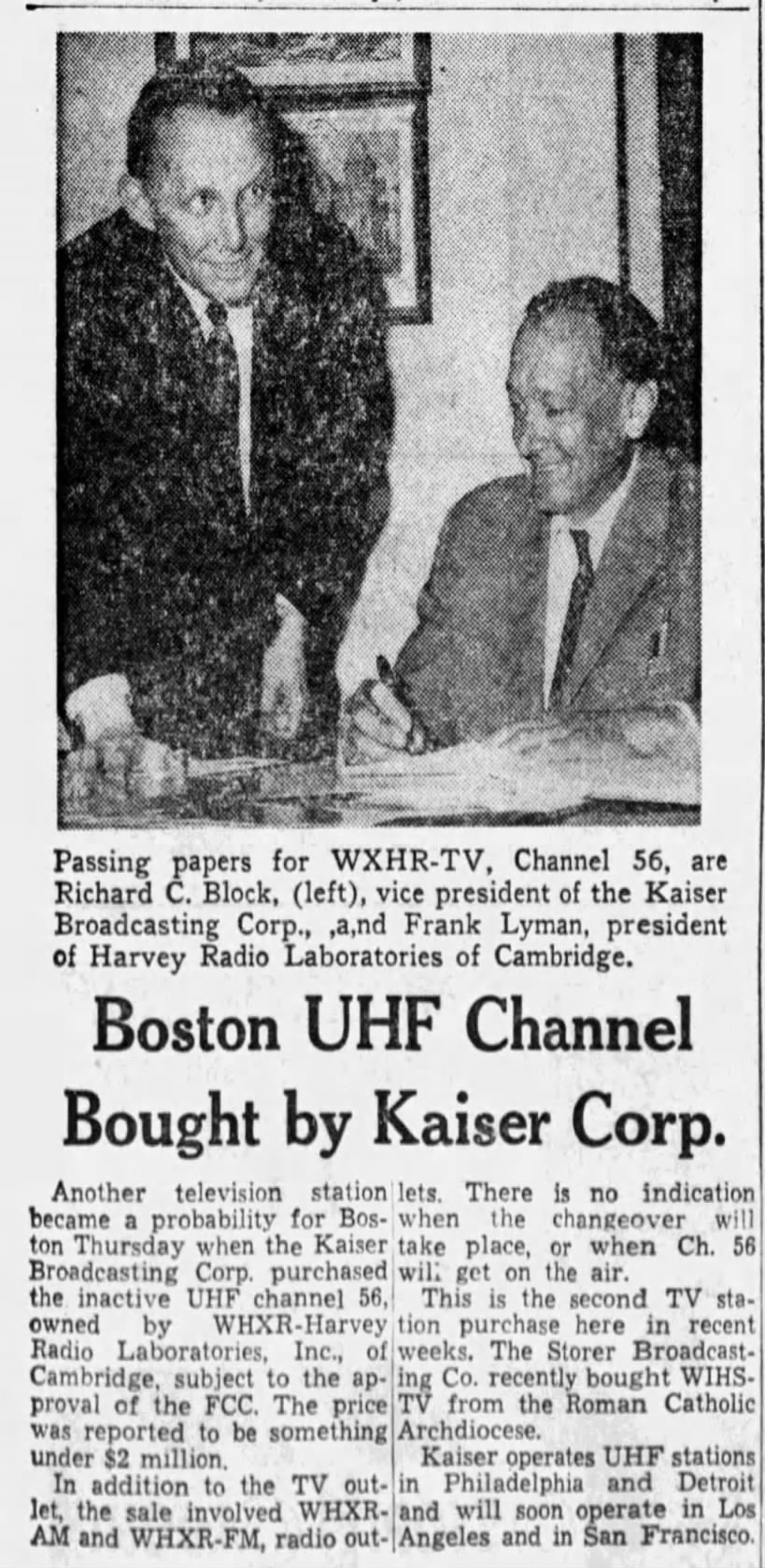 Boston UHF Channel Bought by Kaiser Corp.