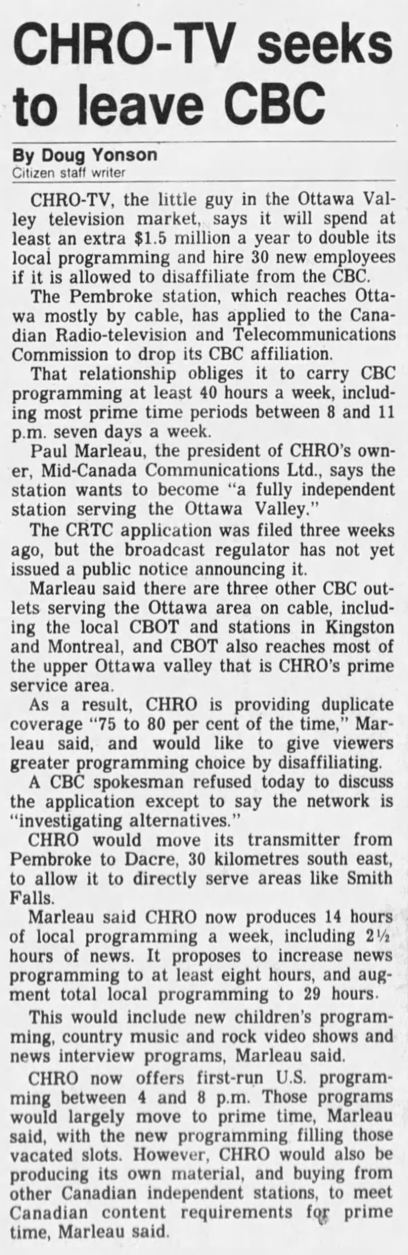 CHRO-TV seeks to leave CBC