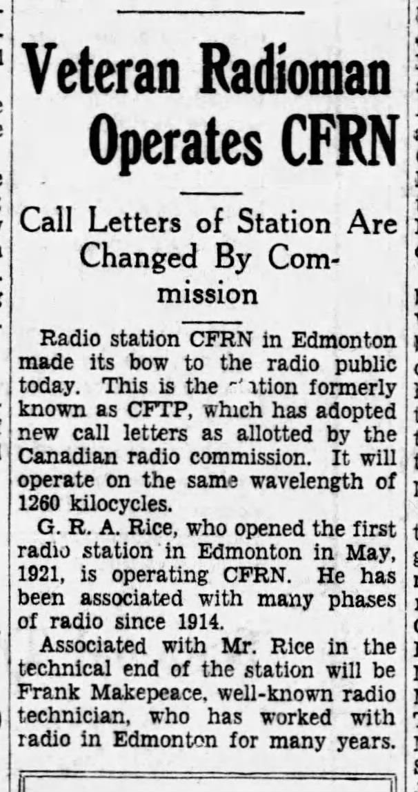 Veteran Radioman Operates CFRN: Call Letters of Station Are Changed By Commission