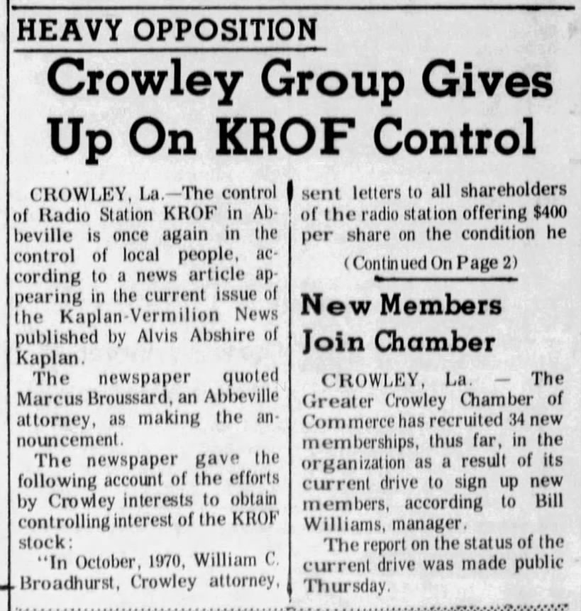 Crowley Group Gives Up On KROF Control