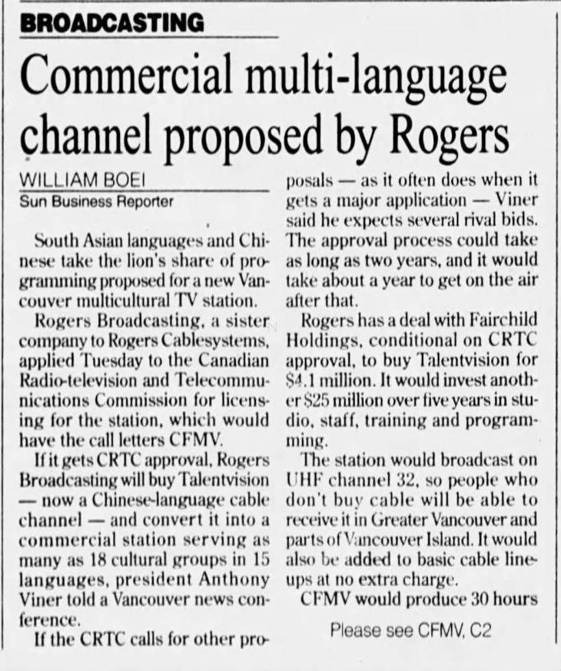 Commercial multi-language channel proposed by Rogers