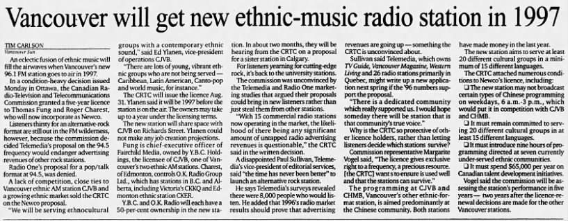 Vancouver will get new ethnic-music radio station in 1997