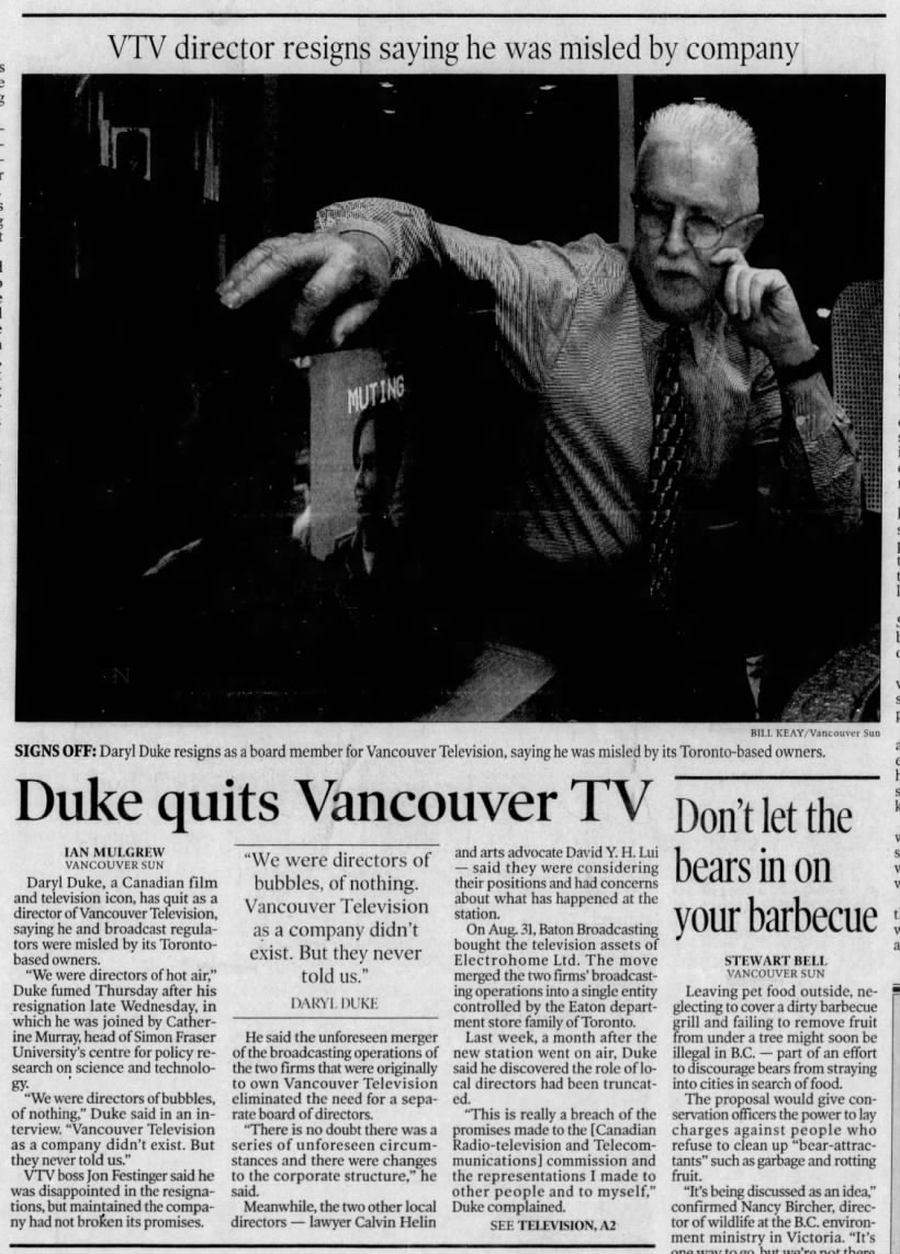 VTV director resigns saying he was misled by company: Duke quits Vancouver TV