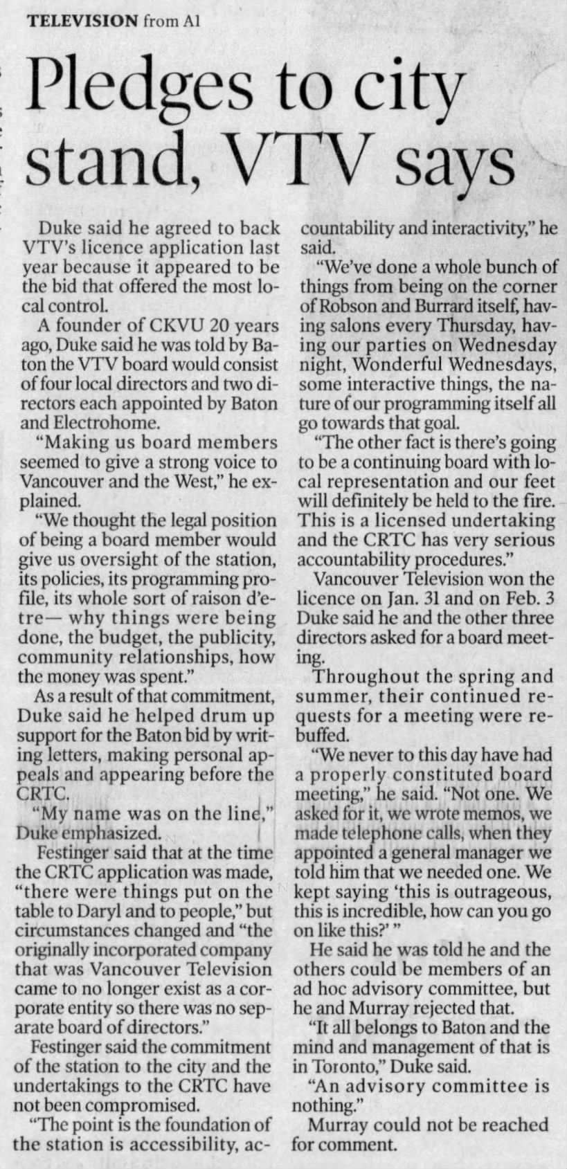 Pledges to city stand, VTV says