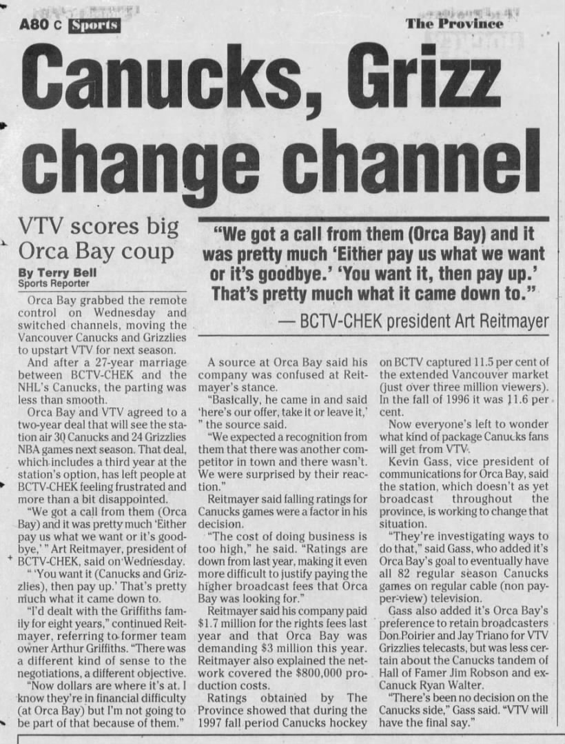 Canucks, Grizz change channel: VTV scores big Orca Bay coup