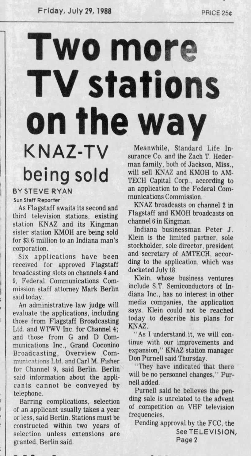 Two more TV stations on the way: KNAZ-TV being sold
