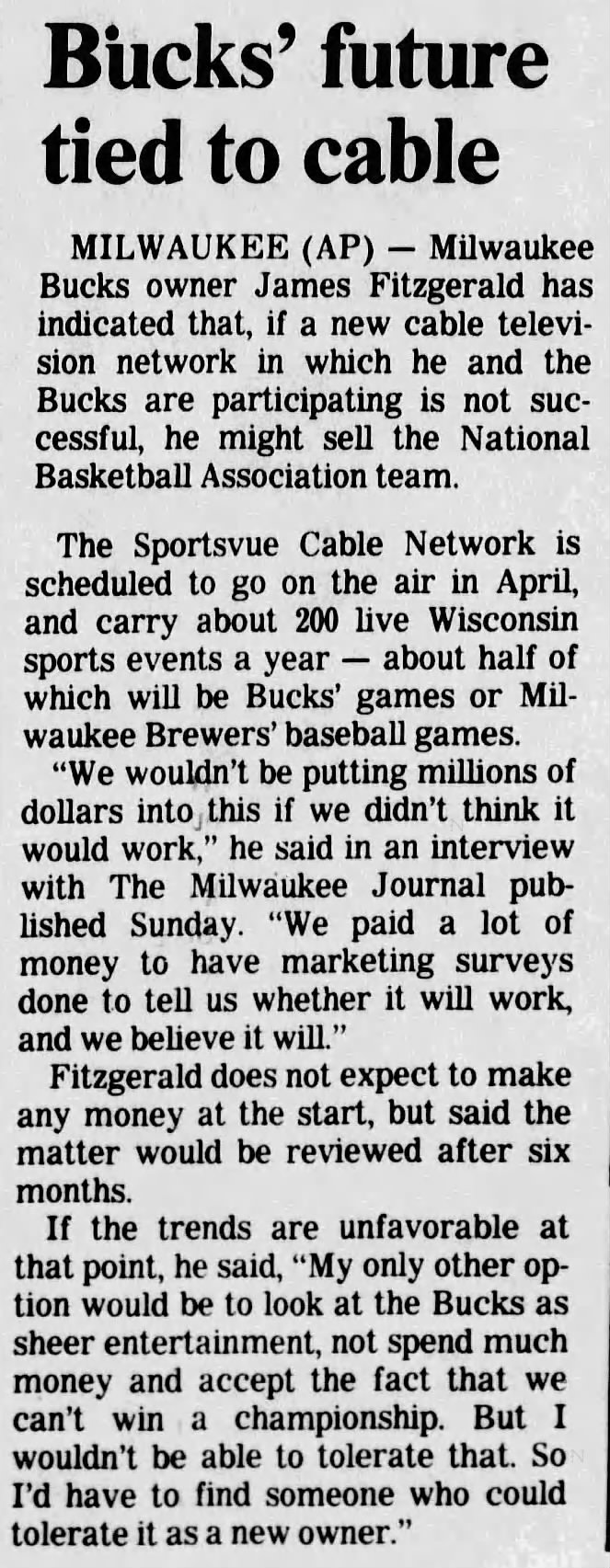 Bucks' future tied to cable