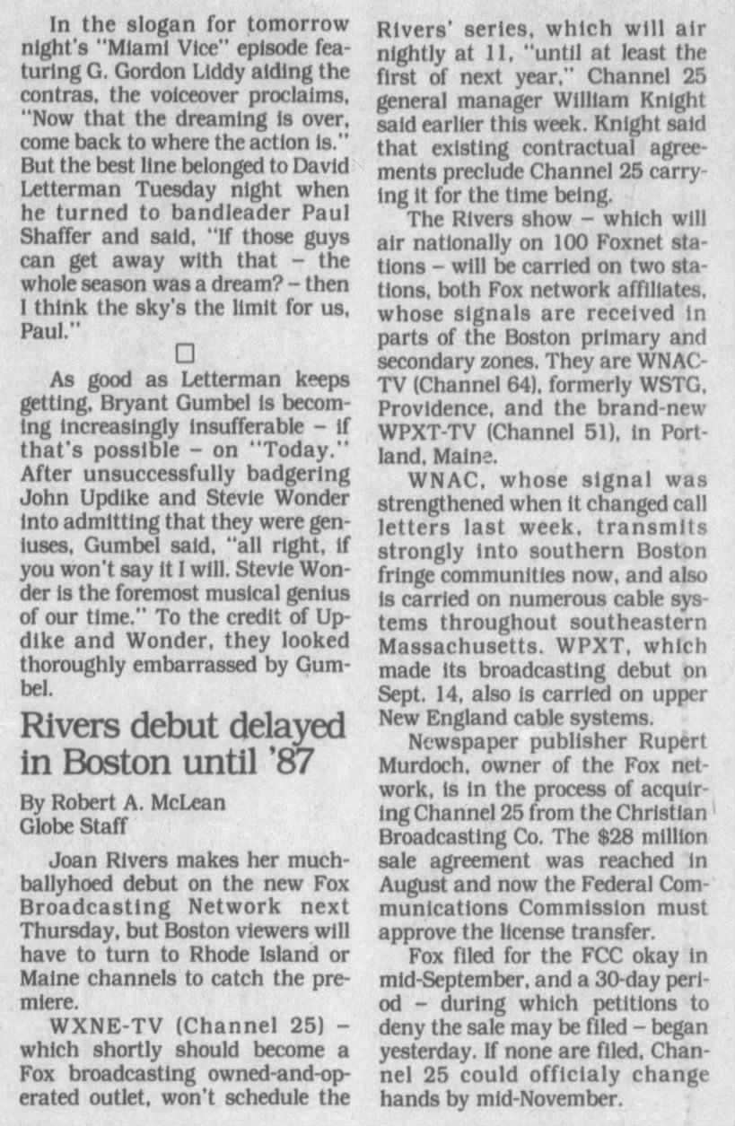 Rivers debut delayed in Boston until '87