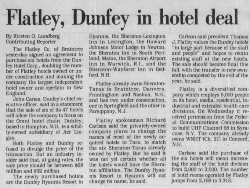 Flatley, Dunfey in hotel eal