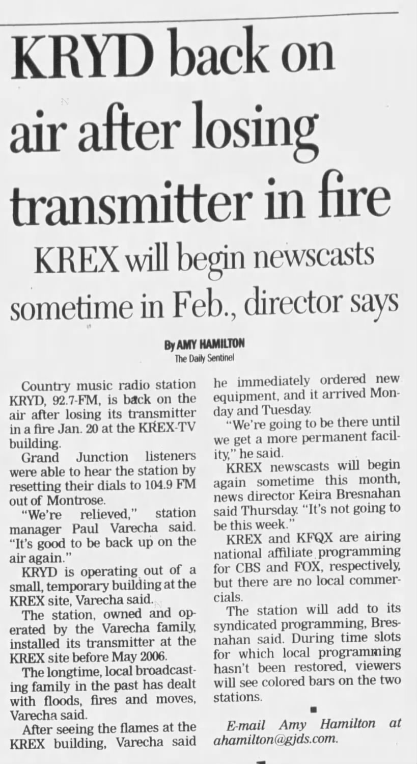 KRYD back on air after losing transmitter in fire: KREX will begin newscasts sometime in Feb., 
