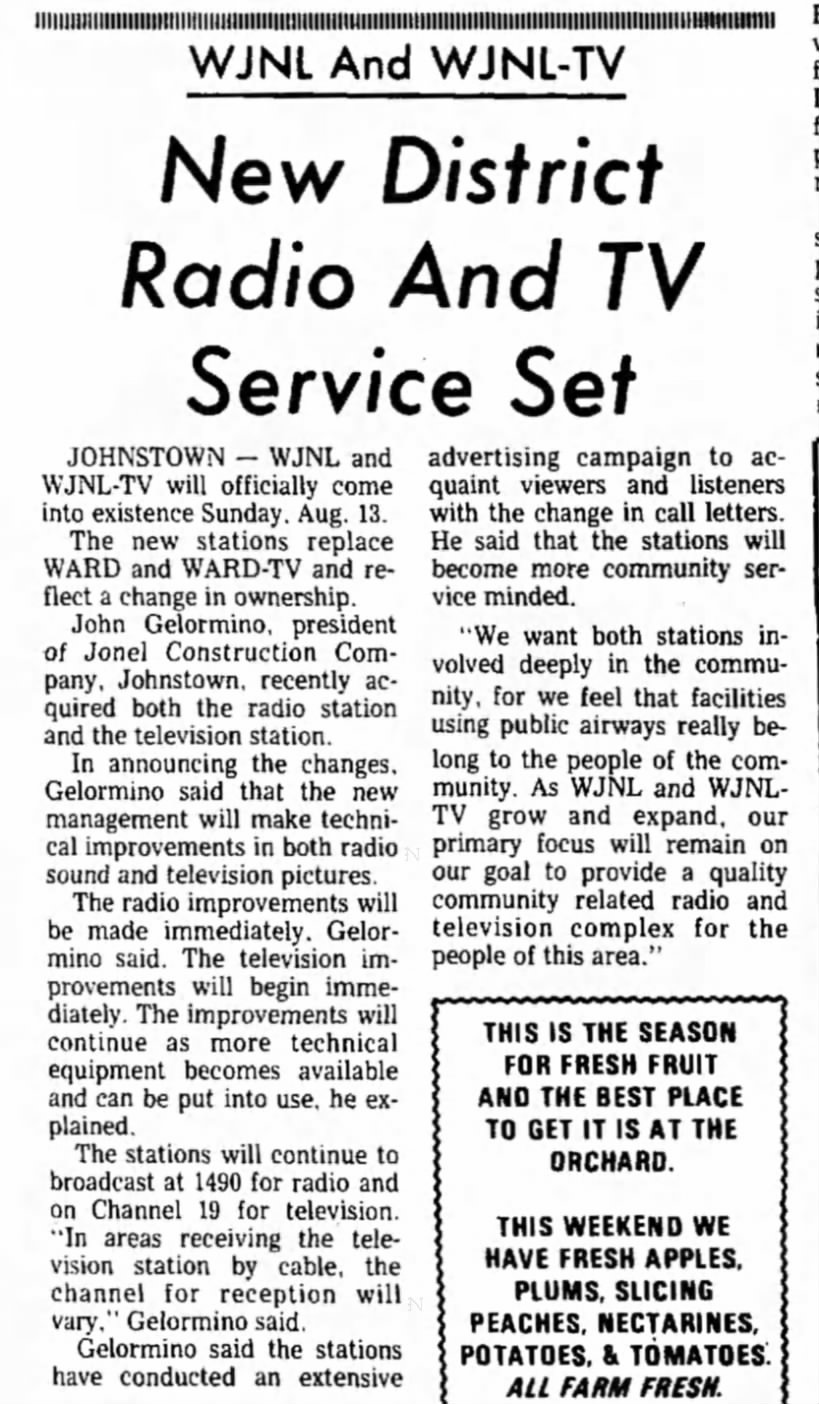 WJNL And WJNL-TV: New District Radio And TV Service Set