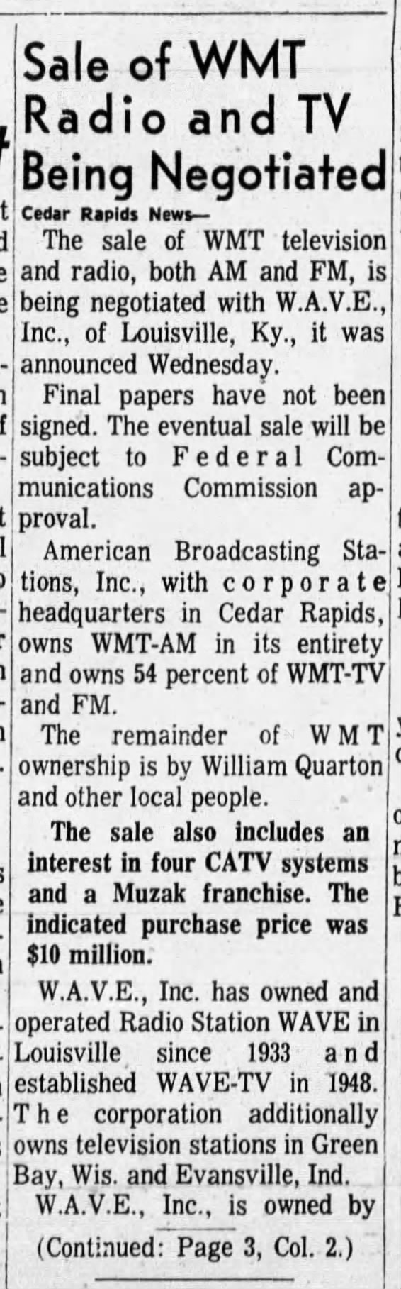 Sale of WMT Radio and TV Being Negotiated
