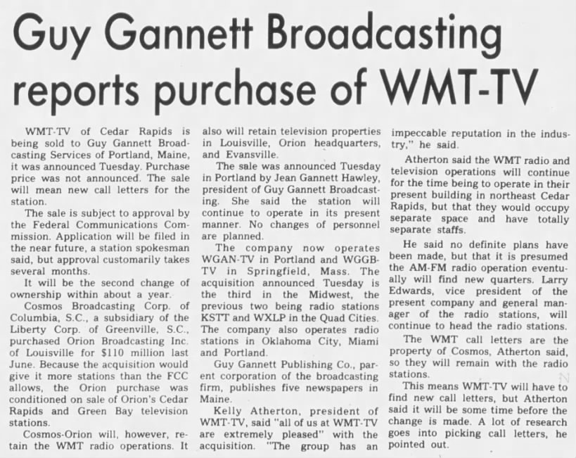 Guy Gannett Broadcasting reports purchase of WMT-TV