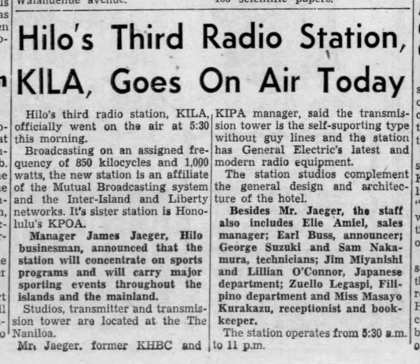 Hilo's Third Radio Station, KILA, Goes On Air Today