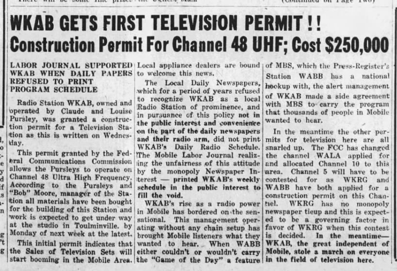 WKAB GETS FIRST TELEVISION PERMIT!! Construction Permit For Channel 48 UHF; Cost $250,000