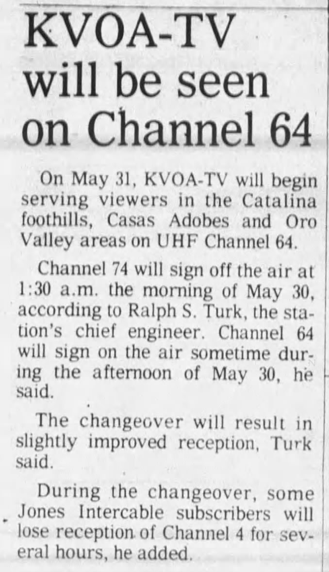 KVOA-TV will be seen on Channel 64