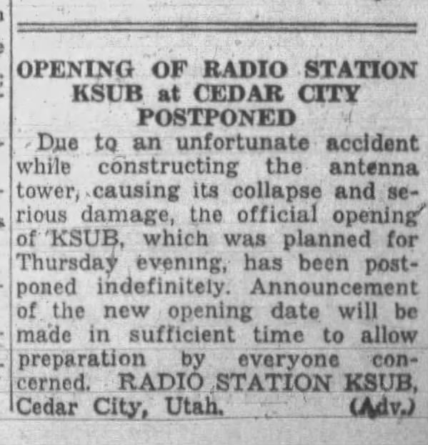 Opening of Radio Station KSUB at Cedar City Postponed