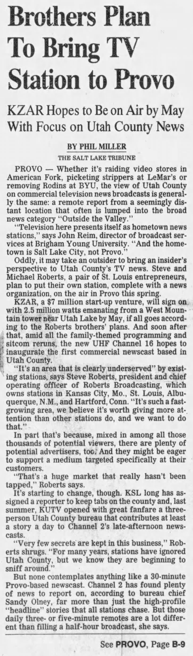 Brothers Plan To Bring TV Station to Prove: KZAR Hopes to Be on Air by May With Focus on Utah County
