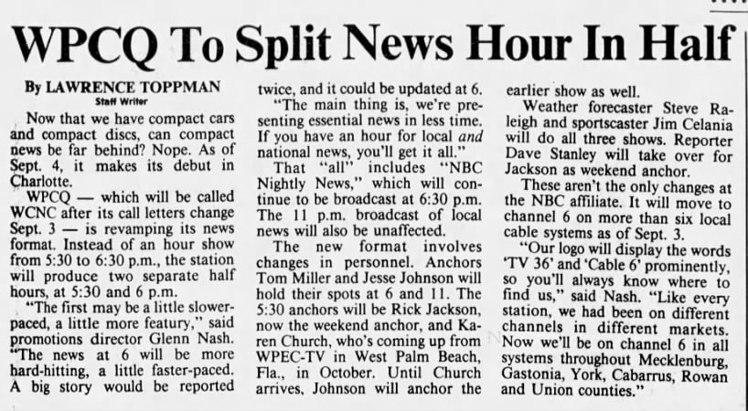 WPCQ To Split News Hour In Half
