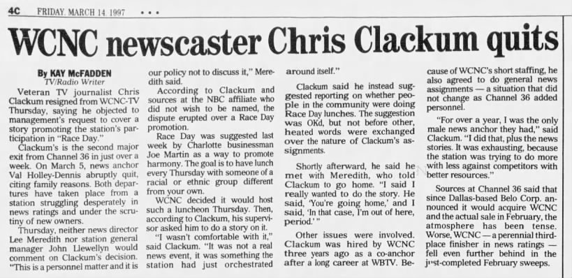 WCNC newscaster Chris Clackum quits