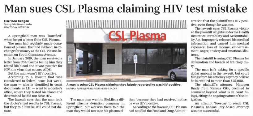 Man sues CSL Plasma claiming HIV test mistake