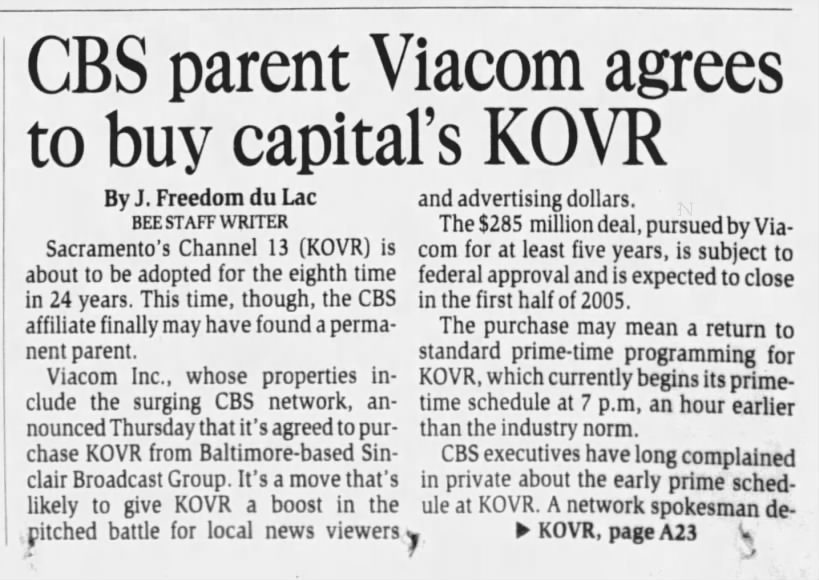 CBS parent Viacom agrees to buy capital's KOVR
