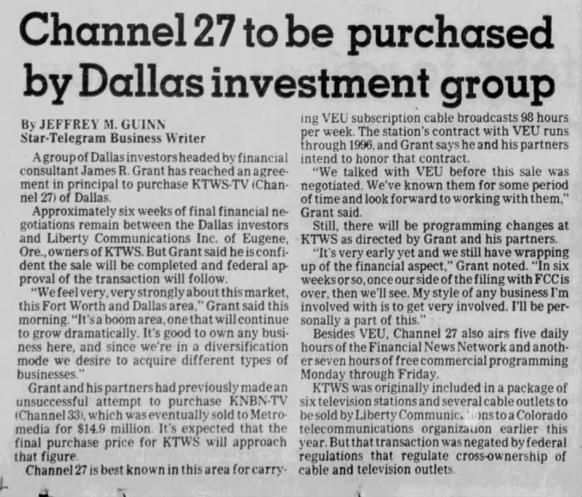 Channel 27 to be purchased by Dallas investment group