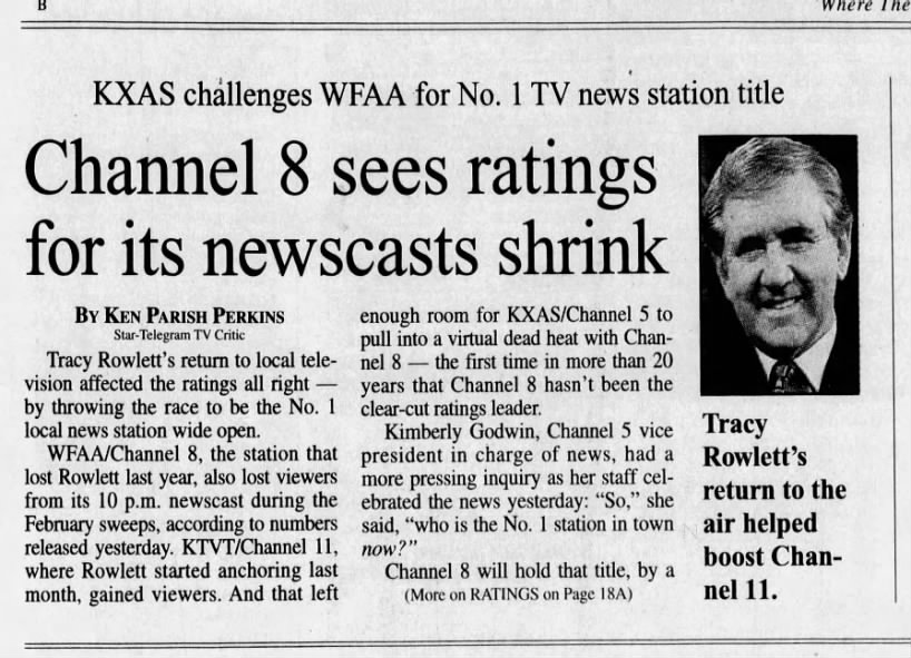 KXAS challenges WFAA for No.1 TV news station title: Channel 8 sees ratings for its newscasts shrink
