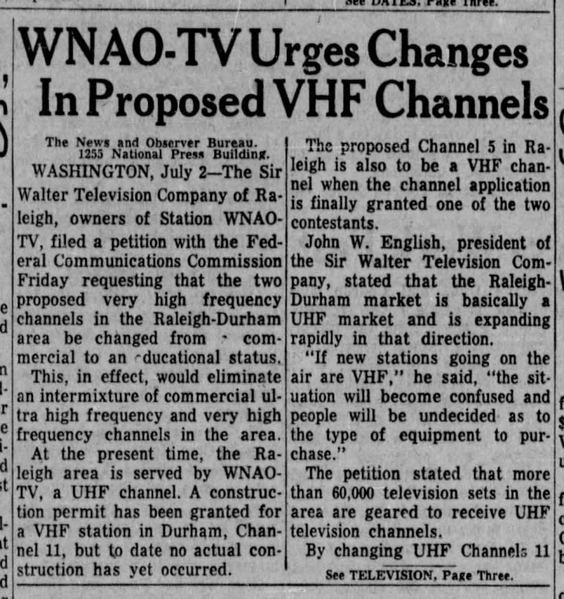 WNAO-TV Urges Changes In Proposed VHF Channels