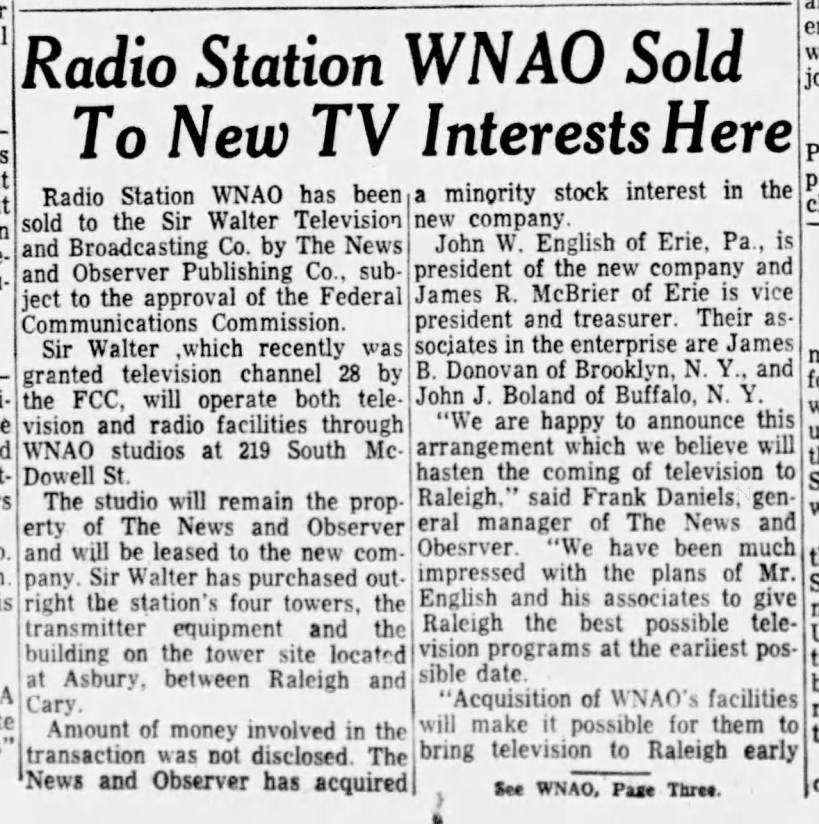 Radio Station WNAO Sold To New TV Interests Here