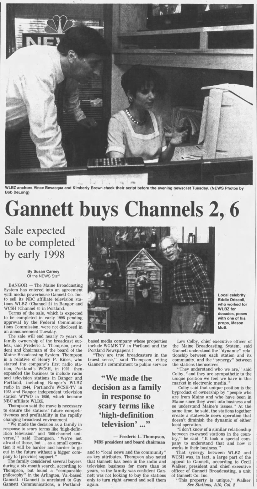 Gannett buys Channels 2, 6: Sale expected to be completed by early 1998