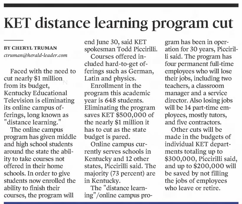 KET distance learning program cut