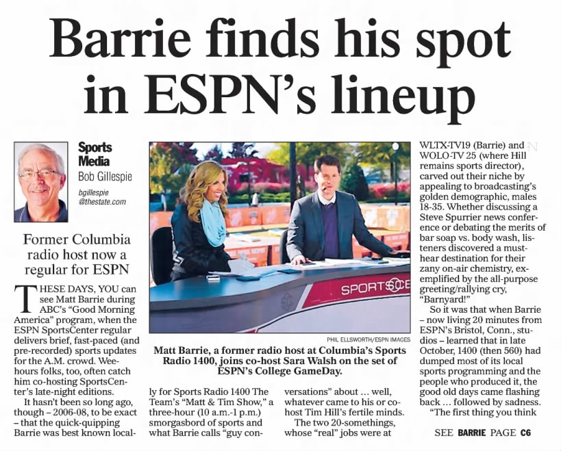 Barrie finds his spot in ESPN's lineup