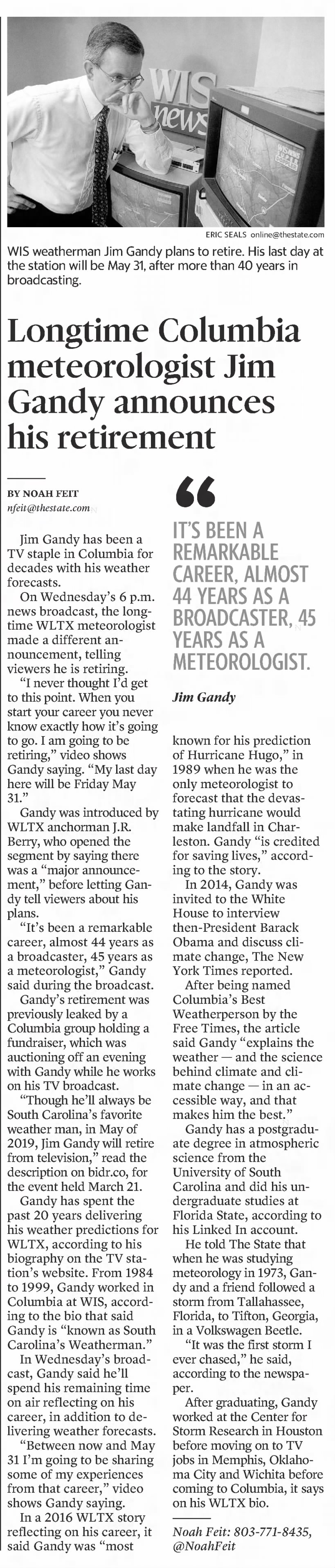 Longtime Columbia meteorologist Jim Gandy announces his retirement