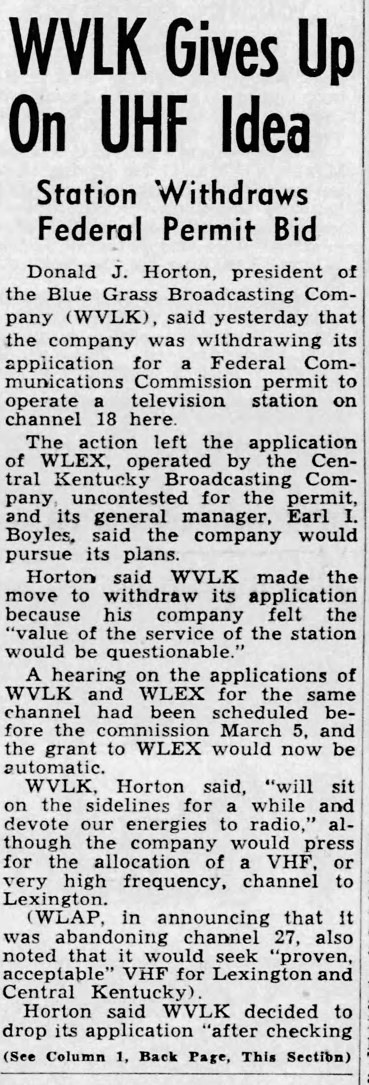 WVLK Gives Up On UHF Idea: Station Withdraws Federal Permit Bid