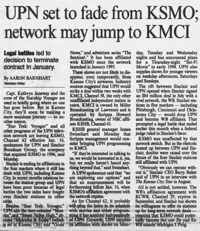 UPN set to fade from KSMO; network may jump to KMCI