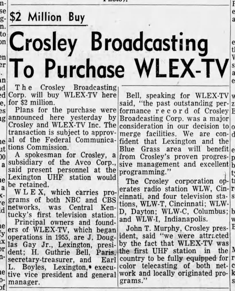 $2 Million Buy: Crosley Broadcasting To Purchase WLEX-TV