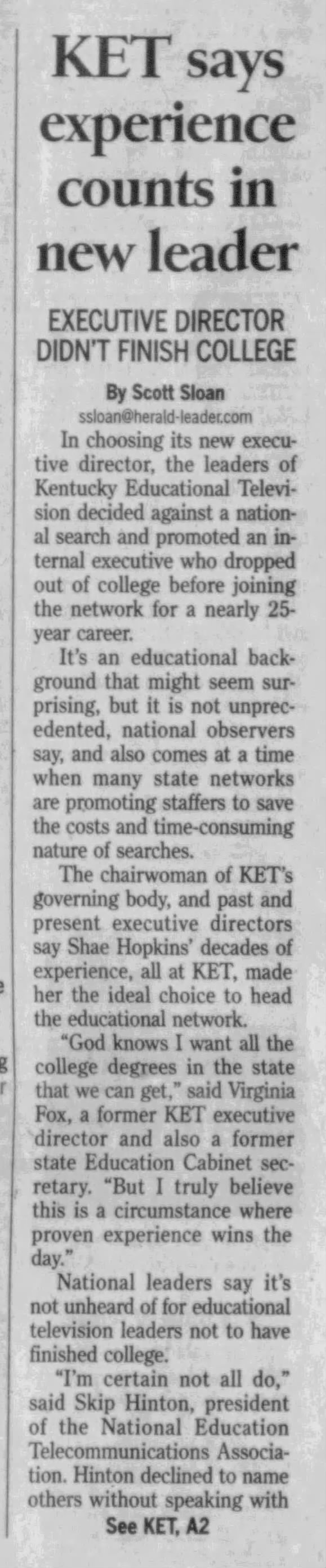 KET says experience counts in new leader