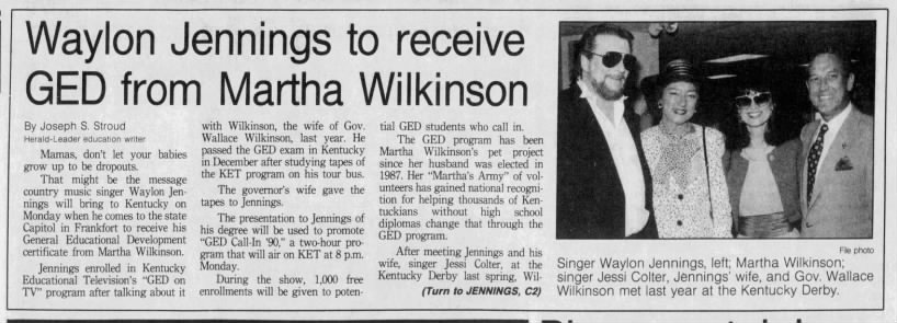 Waylon Jennings to receive GED from Martha Wilkinson