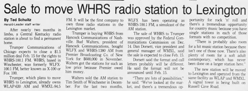 Sale to move WHRS radio station to Lexington