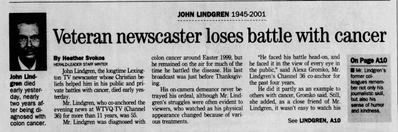 John Lindgren 1945–2001: Veteran newscaster loses battle with cancer