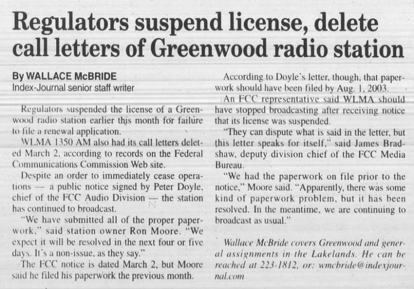 Regulators suspend license, delete call letters of Greenwood radio station