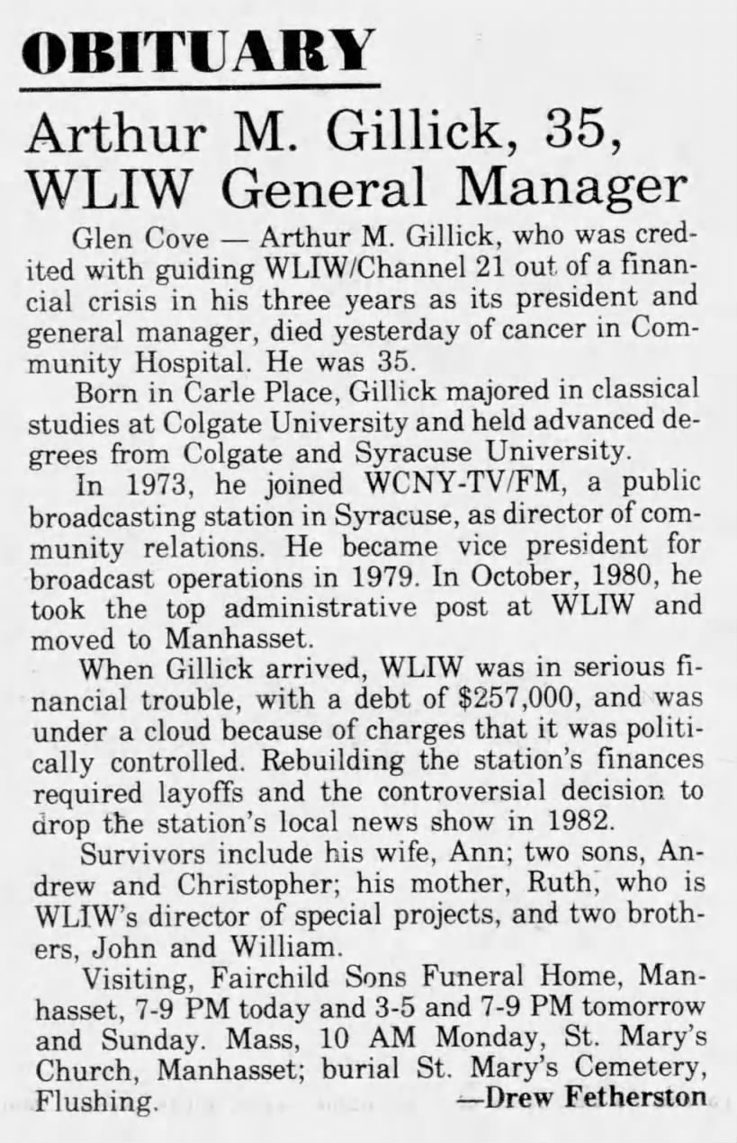Arthur M. Gillick, 35, WLIW General Manager