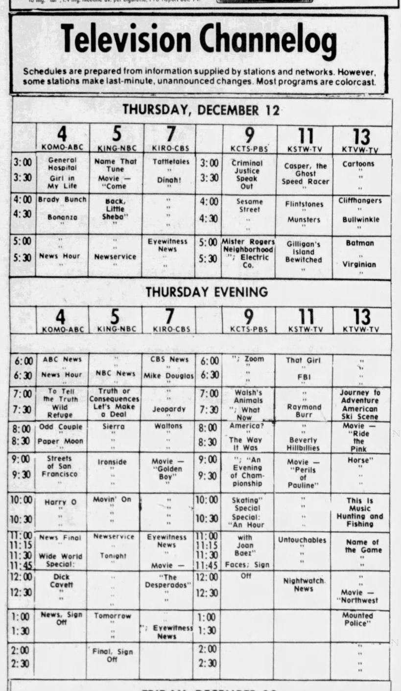 Television Channelog (Dec. 12, 1974)
