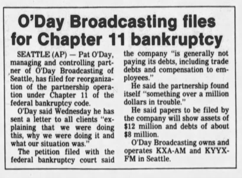 O'Day Broadcasting files for Chapter 11 bankruptcy