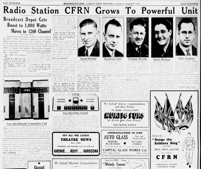 Radio Station CFRN Grows To Powerful Unit: Broadcast Depot Gets Boost to 1,000 Watts: Moves to 1260