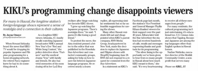 KIKU's programming change disappoints viewers