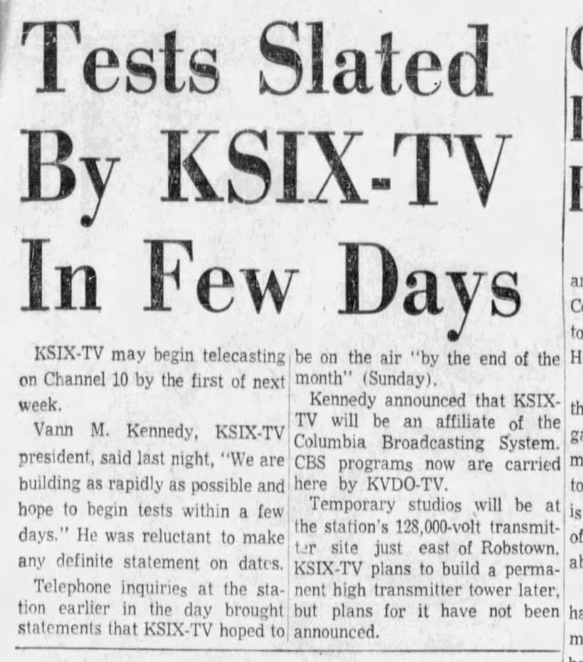 Tests Slated By KSIX-TV In Few Days