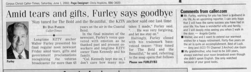 Amid tears and gifts, Furley says goodbye: 'Stay tuned for The Bold and the Beautiful', the KZTV